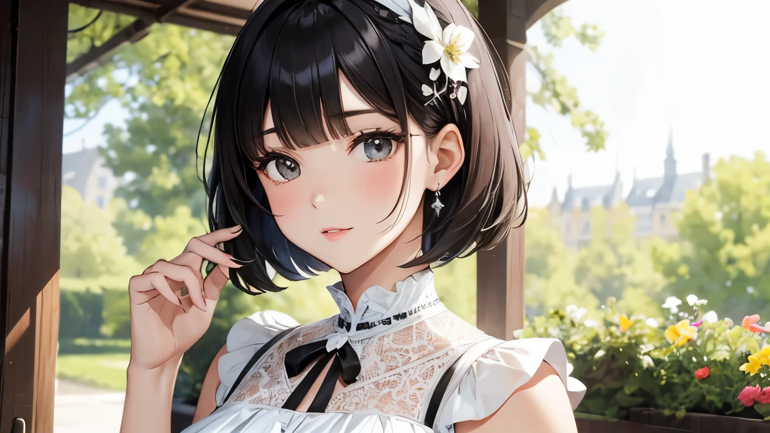 A beautiful woman wearing a white pannier dress with lots of frills and lace Black short bob hair with hair ornament Upper Body lipstick