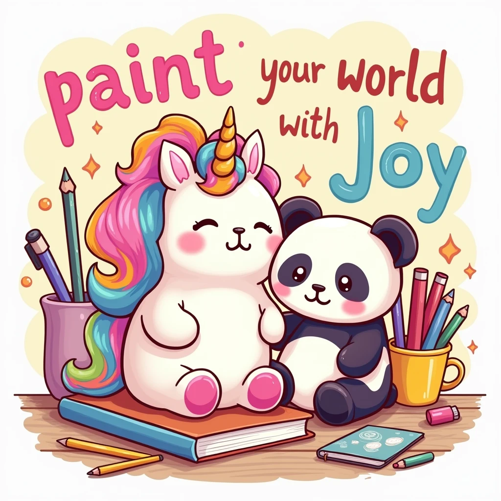 The illustration must feature stationery objects (as colored pencils, pens, notebooks) and two cartoon-style Squishmallows.
The first Squishmallow is a happy unicorn, with vibrant colors and details reminiscent of a teddy bear, with a rounded and cozy shape.
The second Squishmallow is a panda bear, also with a plush appearance and with cute and delicate features.
Both Squishmallows are in different situations/places that suggest a school fun vibe.
Art must have an organic distribution, suitable for shirt printing, avoiding rigid rectangular shapes.
Below this scene, inclua o texto “Paint your world with joy,” styled in a fun and colorful way, with the font color transitioning from pink at the top to yellow at the bottom, imitating a sunset.
The overall art should evoke a sense of school nostalgia and the joy of drawing., reflecting the theme of a high school summer.