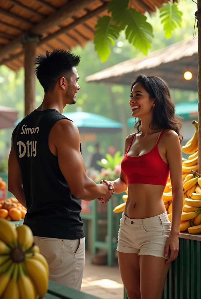 shows a scene of an Indonesian man aged 40 years. fat and short body. short, spiky hair. wear a black sleeveless t-shirt that says "SIMON". and wearing white trousers. With a happy smile, he shook hands with the buyer, a white woman, beautiful and sexy, her breasts were big, so they were clearly visible. wearing a red tank top and white shorts, at the kiosk. around him there are many long bananas. Realistic, super hdr, details, 8K