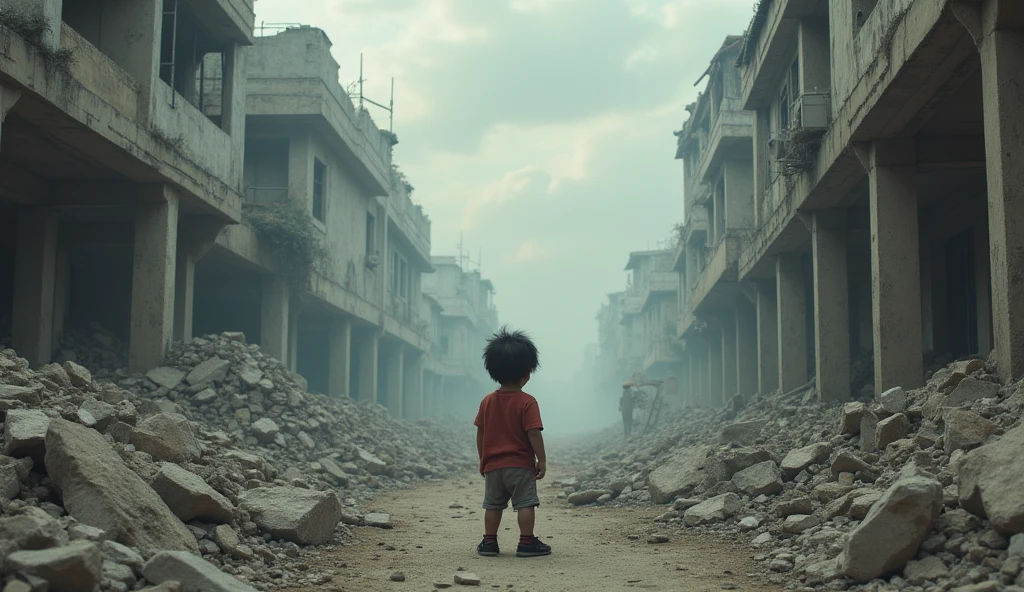 a picture of destruction and a child with a sad look