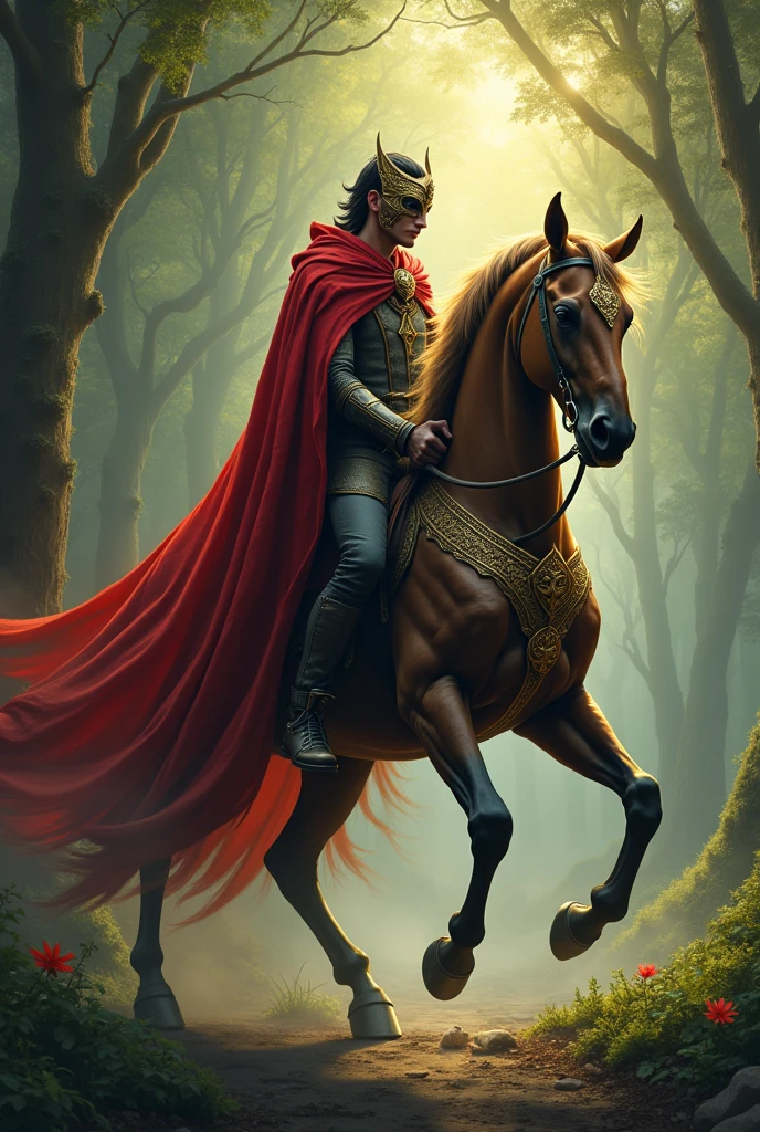 a handsome man riding on a female centaur, the man wearing red cloak and a mask,