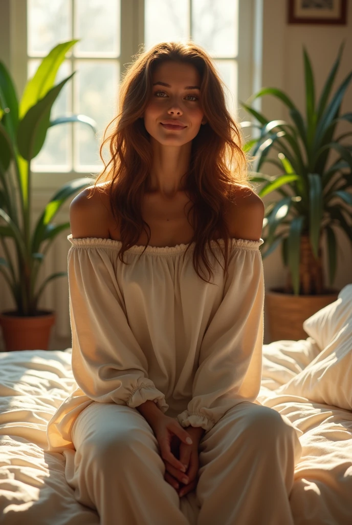 (photorealism:1.2), beautiful woman, sitting on bed, wearing loose off-shoulder top, pajama pants, long curly hair, indoors, soft lighting, plants in background, window with sunlight, cozy room, relaxed pose, realistic, intricate details, warm colors, by Greg Rutkowski, by Alphonse Mucha