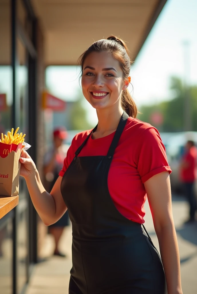 50 years old, white woman, short haire, brun haire, bobbed hairstyle . She has an hourglass figure, massive breasts. ,Wide hips (implants), Prominent buttocks (implants). She's fully clothed, not naked or topless. Context: A sunny day at a McDonald's drive-through. Character: A smiling woman, dressed in the emblematic McDonald's uniform, with a red t-shirt and black apron. Her hair is tied back in a ponytail, and she wears a McDonald's cap. Action: She stands at the drive-thru window, a big smile on her face, holding out a bag full of orders to a car that has just stopped. The aroma of fries and burgers wafts through the air, adding to the lively service atmosphere. Expression: Her face radiates joy and enthusiasm, flashing a genuine smile that makes customers want to come back. She says enthusiastically, “Here's your order, bon appétit!” Atmosphere: In the background, other employees can be seen bustling about, and happy customers waiting for their meals. The sound of cars and light music create a friendly, lively atmosphere. POV view
