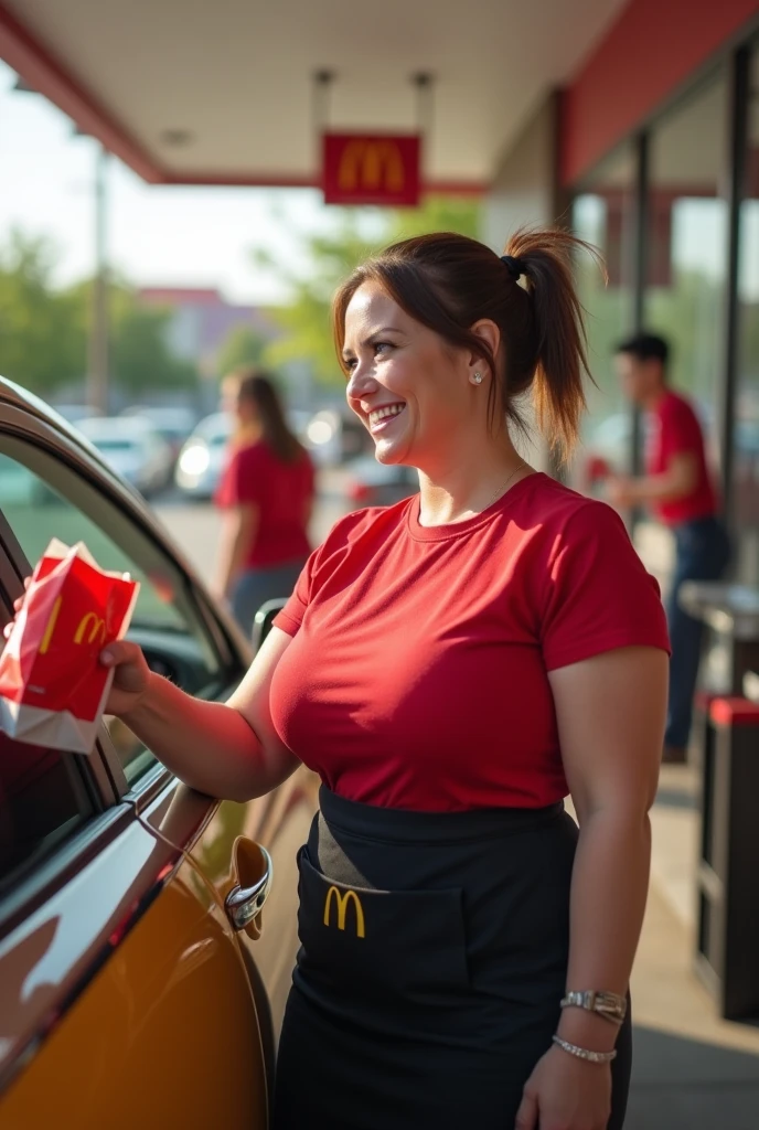 50 years old, white woman, short haire, brun haire, bobbed hairstyle . She has an hourglass figure, massive breasts. ,Wide hips (implants), Prominent buttocks (implants). She's fully clothed, not naked or topless. Context: A sunny day at a McDonald's drive-through. Character: A smiling woman, dressed in the emblematic McDonald's uniform, with a red t-shirt and black apron. Her hair is tied back in a ponytail, and she wears a McDonald's cap. Action: She stands at the drive-thru window, a big smile on her face, holding out a bag full of orders to a car that has just stopped. The aroma of fries and burgers wafts through the air, adding to the lively service atmosphere. Expression: Her face radiates joy and enthusiasm, flashing a genuine smile that makes customers want to come back. She says enthusiastically, “Here's your order, bon appétit!” Atmosphere: In the background, other employees can be seen bustling about, and happy customers waiting for their meals. The sound of cars and light music create a friendly, lively atmosphere. POV view