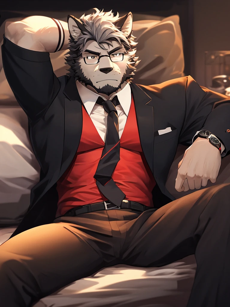 A Very Muscular Furry Gray Wolf. He is wearing A Black Pants with a belt, A Red tie and a black suit. He have a frowny face. He is looking at you. He have A Gray Very messy hair. His right hand is on his leg And his left hand is holding a White and red Can. He is wearing a black glasses. He is sitting on the Bed. He have a lot og fur on his arm and his hand. He have A Watch on His Arm