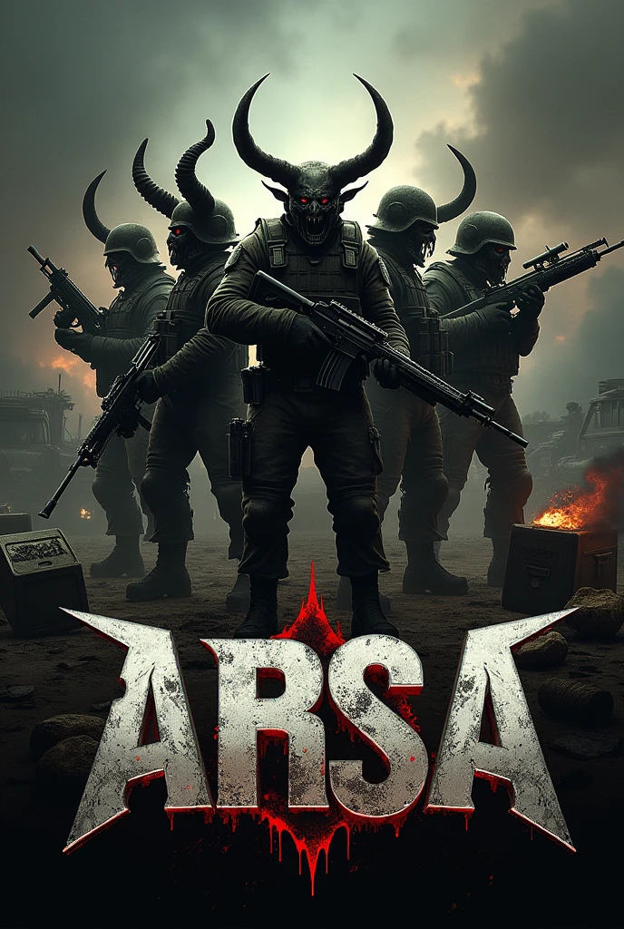 Generate a logo having 4 soldiers dressed as demons and holding guns. In the background written "ARSA" in denon font and dark colours. Overall view of image is in battlefield. There are cars, ammunition, medkit and death crate around. All soldiers look different and hold different guns.