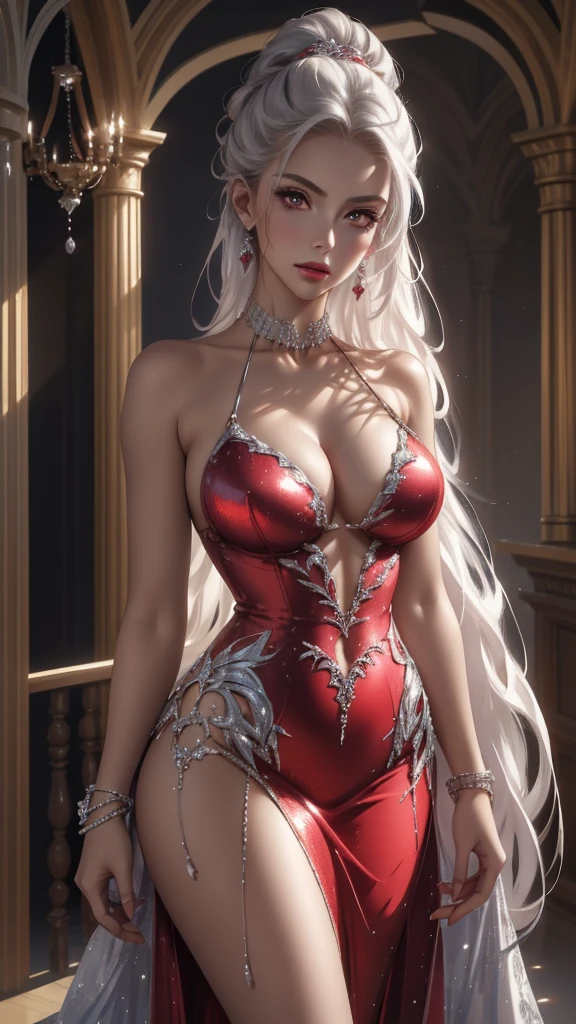 Closeup, a beautiful, slim, fit woman, wearing a fancy, stylish red-silver sequin dress, with intricate and highly detailed design, long platinum hair, red eyes, body chain, and jewelry, perfect firm breasts, cleavage, (best quality, 4k, 8k, highres, masterpiece:1.2), ultra-detailed, (realistic, photorealistic, photo-realistic:1.37), dynamic pose, dramatic lighting, cinematic, chiaroscuro, elegant, glamorous, seductive