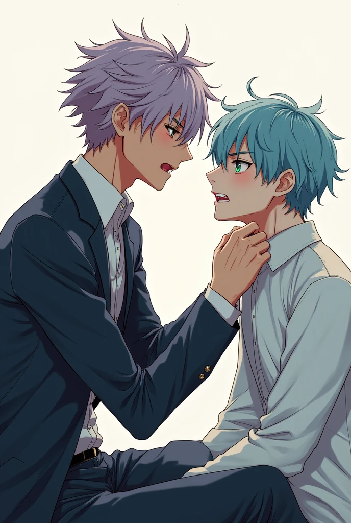 A handsome Japanese ager. Short and messy lilac hair color. yeux vert clair. tanned skin. Wear an outfit'aristocrate cool. elongate. Assis. arrogant. Another boy. short messy sky blue hair. green eyes. holds the seated boy's collar, annoyed expression. Japanese man. Frères