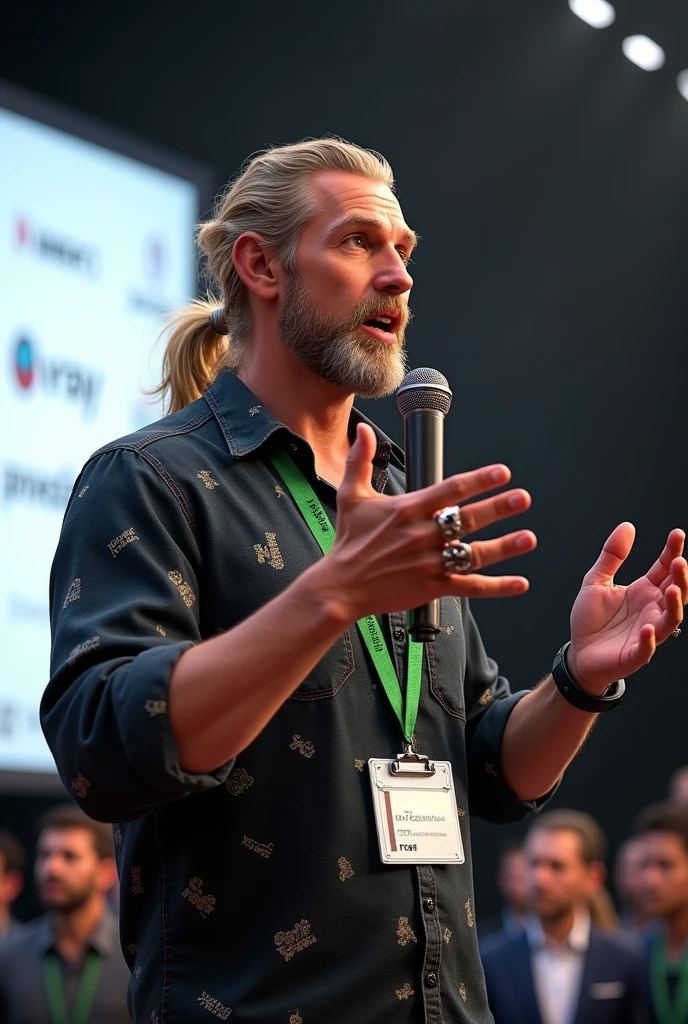 A charismatic speaker is captured mid-speech. He has long, slightly wavy blonde hair tied back in a ponytail. His expressive face, adorned with a salt-and-pepper beard and mustache, is animated as he gestures with his left hand, displaying a large ring on his pinky finger. He is holding a black microphone in his right hand, speaking passionately. The man is wearing a dark, textured shirt with unique, slightly shimmering patterns, and a green lanyard with multiple badges and logos hanging around his neck. The lanyard features the "Autodesk" and "V-Ray" logos prominently. Behind him, there is a blurred background with a white banner containing logos and text, indicating a professional or conference setting. The overall scene is vibrant and dynamic, capturing the energy of a live presentation.