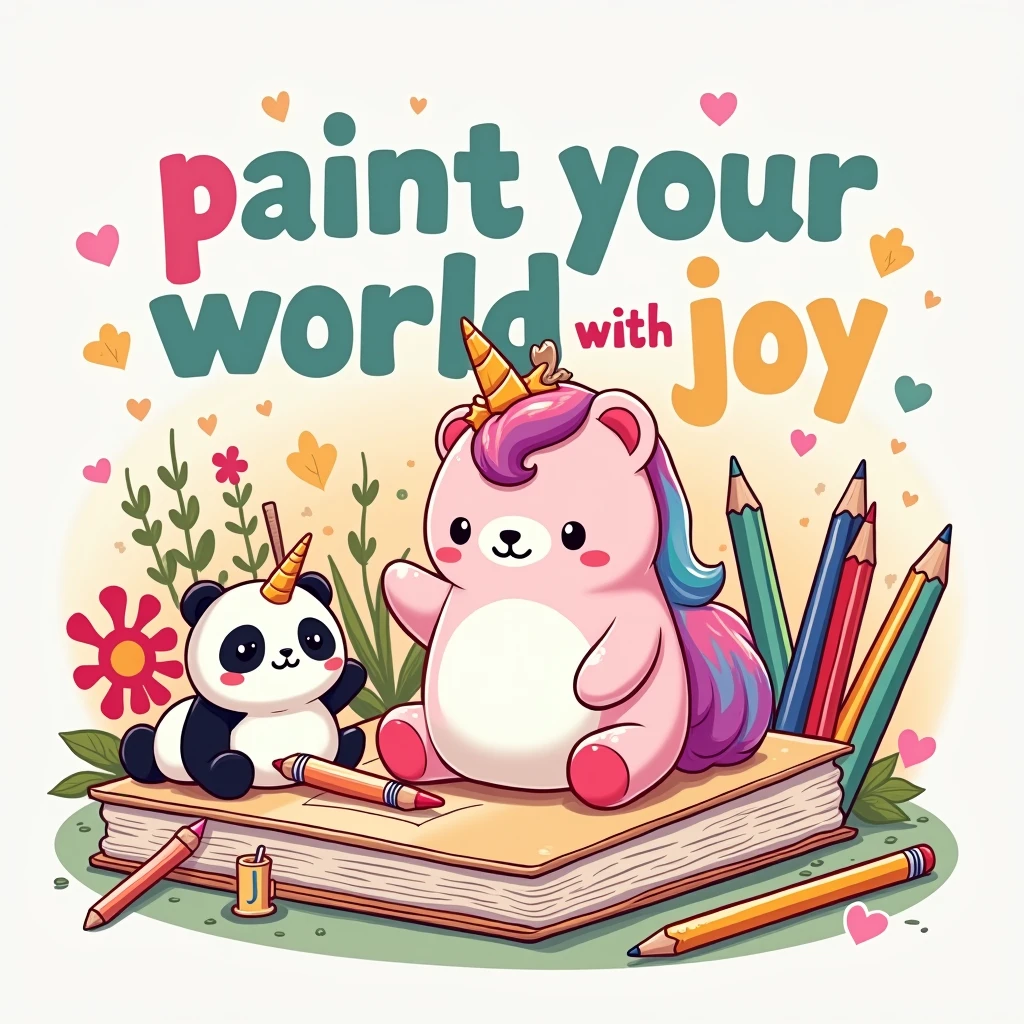 The illustration must feature stationery objects (as colored pencils, pens, notebooks) and two cartoon-style Squishmallows.
The first Squishmallow is a happy unicorn, with vibrant colors and details reminiscent of a teddy bear, with a rounded and cozy shape.
The second Squishmallow is a panda bear, also with a plush appearance and with cute and delicate features.
Both Squishmallows are in different situations/places that suggest a school fun vibe.
Art must have an organic distribution, suitable for shirt printing, avoiding rigid rectangular shapes.
Below this scene, inclua o texto “Paint your world with joy,” styled in a fun and colorful way, with the font color transitioning from pink at the top to yellow at the bottom, imitating a sunset.
The overall art should evoke a sense of school nostalgia and the joy of drawing., reflecting the theme of a high school summer.