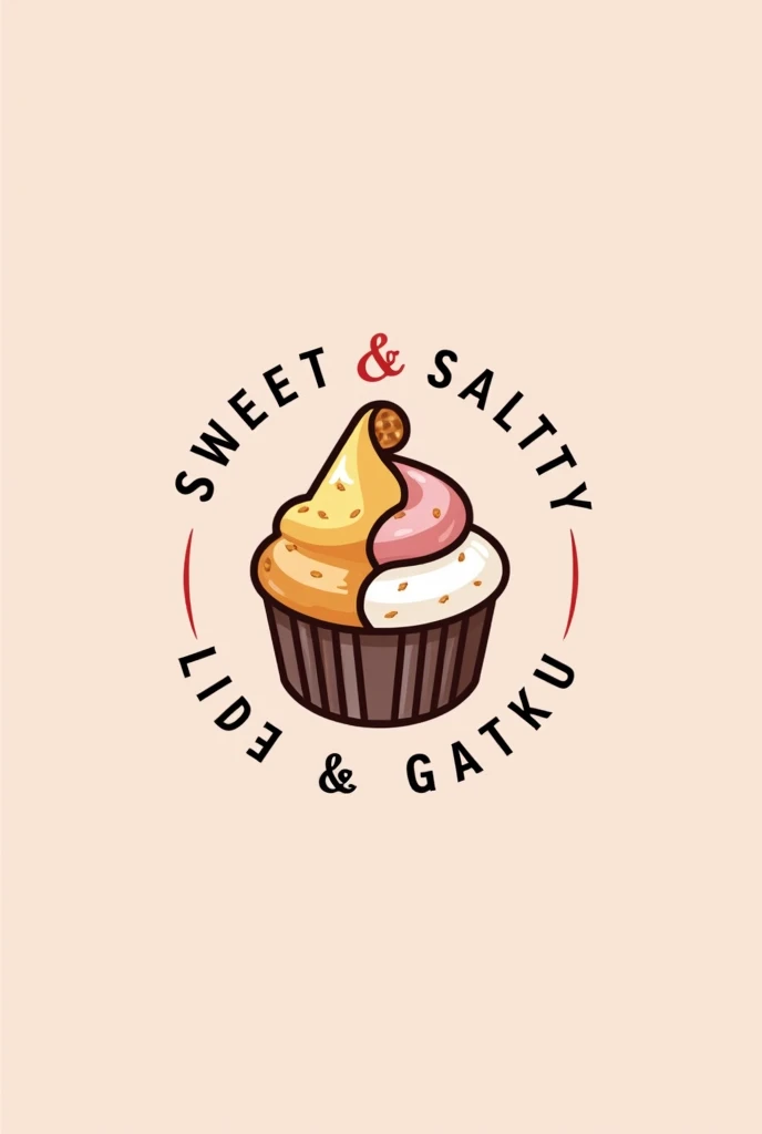 Create a sleek and modern logo for a company called 'Salty & Sweety.' The logo should blend sweet and salty elements in a balanced way, featuring symbols like a cupcake and a pretzel, or candies and chips. Use a soft color palette, such as pastel pink and yellow, with touches of more contrasting colors like deep blue or golden brown. The design should be playful yet sophisticated, reflecting the idea of a unique gourmet experience for sweet and salty lovers.