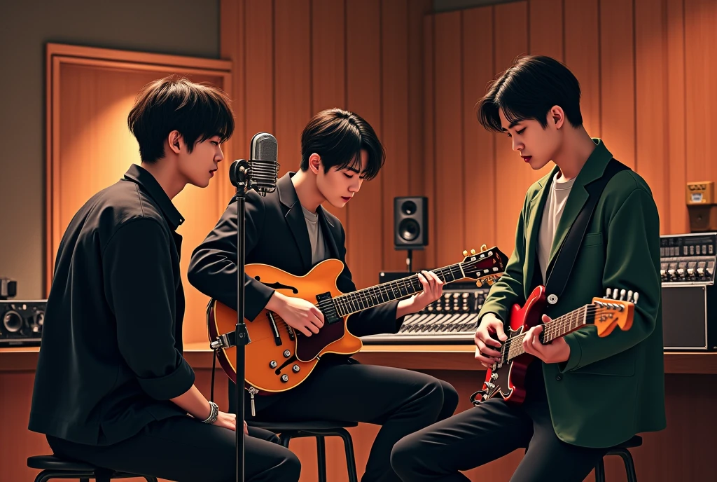 Three handsome Korean male band members are in a professional recording studio, each deeply focused on recording a song. The first member is standing in front of a microphone with headphones on, passionately singing into it. He has styled dark hair and is wearing a casual but stylish outfit. The second member, with a slightly wavy hairstyle, is seated at a mixing console, adjusting the sound levels with a serious expression. The third member, with short, sleek hair, is playing an electric guitar while sitting on a stool, lost in the music. The studio has modern equipment, acoustic panels, and warm lighting that creates an intimate atmosphere, highlighting the creative energy of the session.