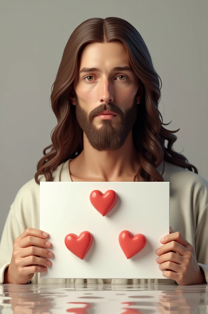 Create a hyper-realistic image where Jesus is looking straight ahead. In front of him, there's a 3D comment box containing three 3D heart symbols. Below the comment box, the text 'Thank You! Visit Again' is written in a style that looks like water. The scene should be rendered in ultra-high 36k resolution, with Jesus's face clear and facing forward, and the overall quality should be lifelike."