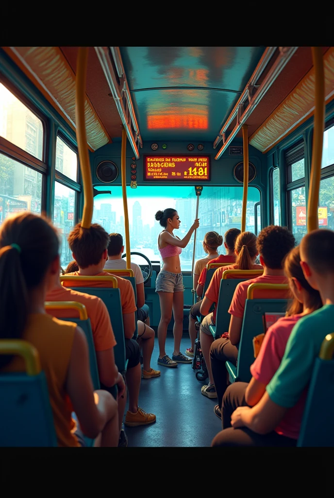 Inside a bus based on a Brazilian bus with LEDs showing the number 104 and the next stops , with several speakers playing the songs