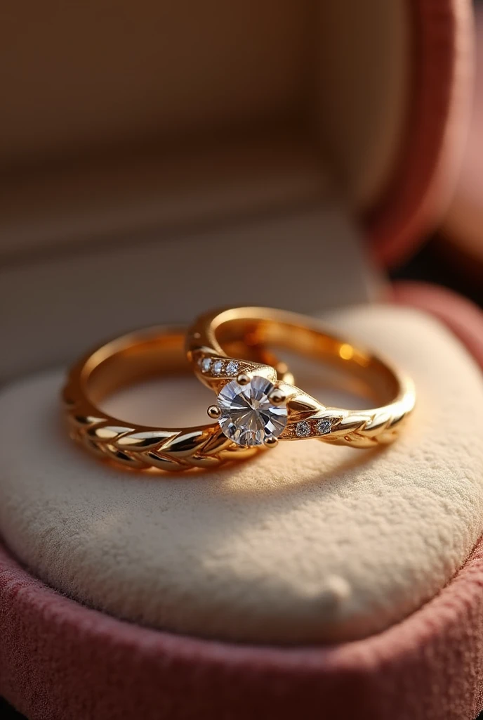 pair of wedding rings and engagement ring in gold color in a velvet box the men's ring is simple, only smooth and matching the women's ring in a soft braided pattern the women's ring has a brilliant minimalist diamond stone reminiscent of a flower with petals and around it a braided finish with small diamonds Inside the rings is written the word "AKAI TO"