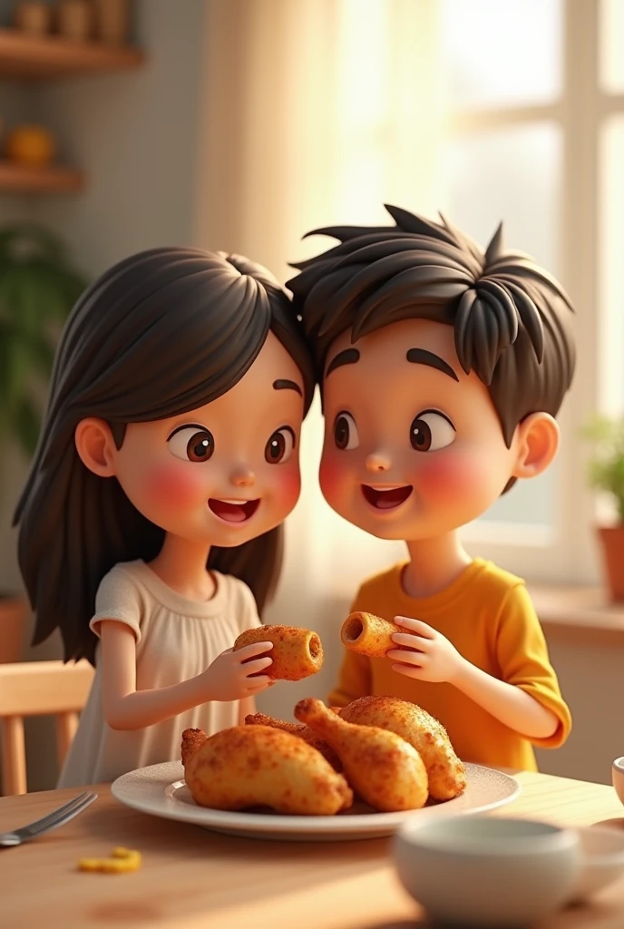 Two cute humans eating cooked chicken pieces