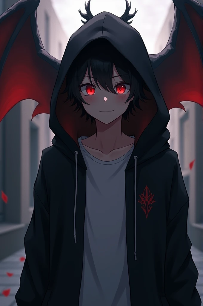 A anime boy with black hoddie and white t shirt,with red eye and with smile but a demon lying just behind him that show his angerness