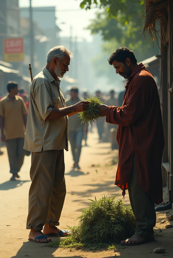 A man buy weeds beside a road people walking around in Bangladesh