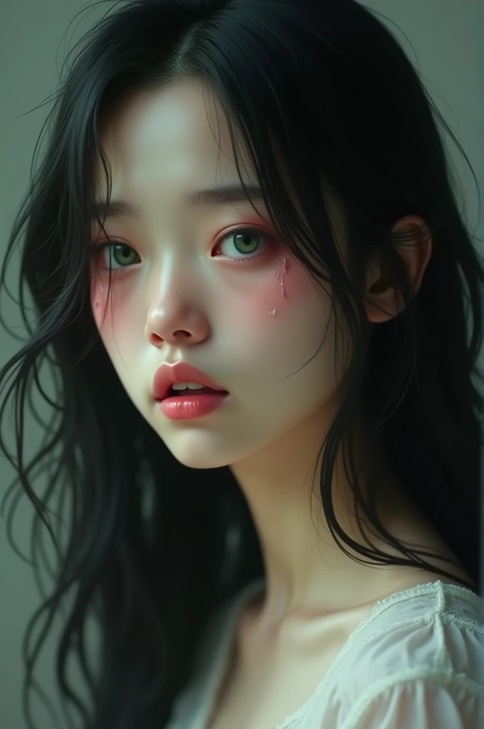 young woman with black hair, Asian features, green eyes and white skin, crying