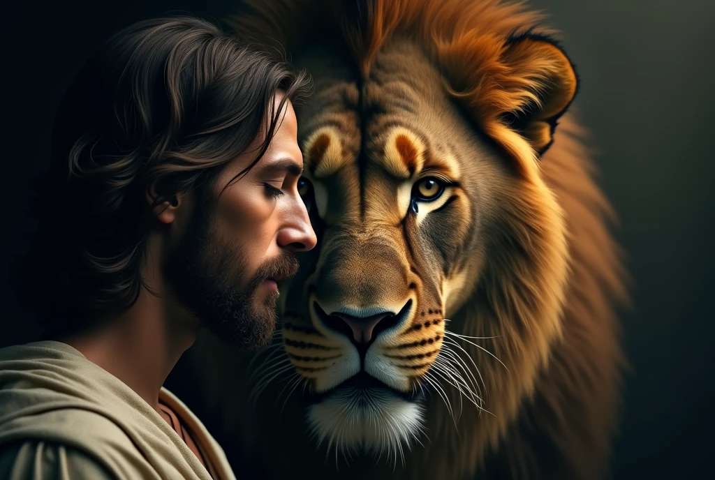 left face of jesus and straight face of a lion, realistic inspiring image, hd, 8k, cinematic.