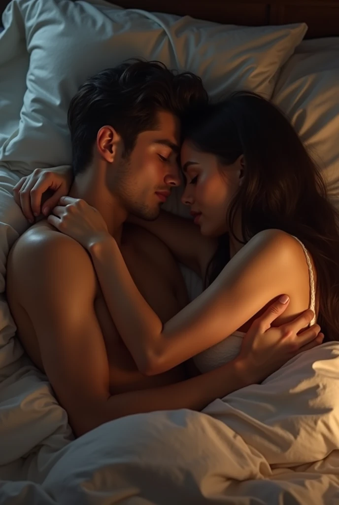 Two lovers kissing in bed