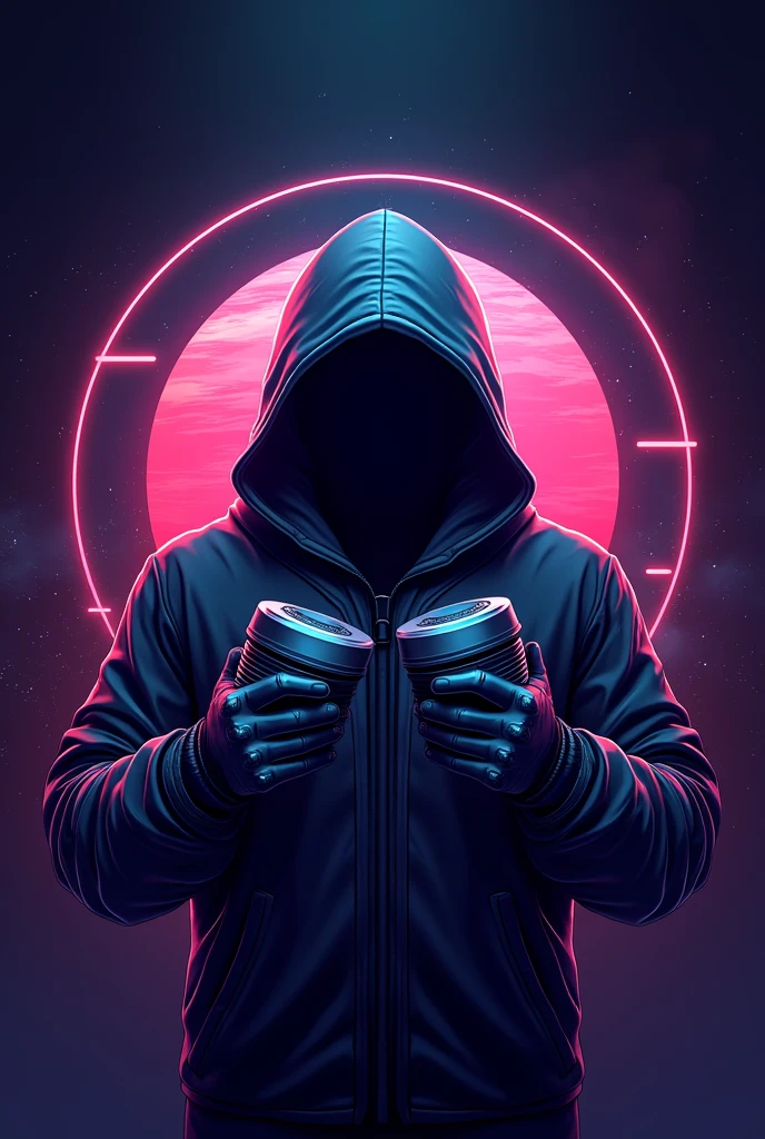 Logo for nerdy goods store, futuristic style with neon lights and colors, showing a planet containing a mysterious hooded soldier character prominently holding 2 video game containers as if they were weapons