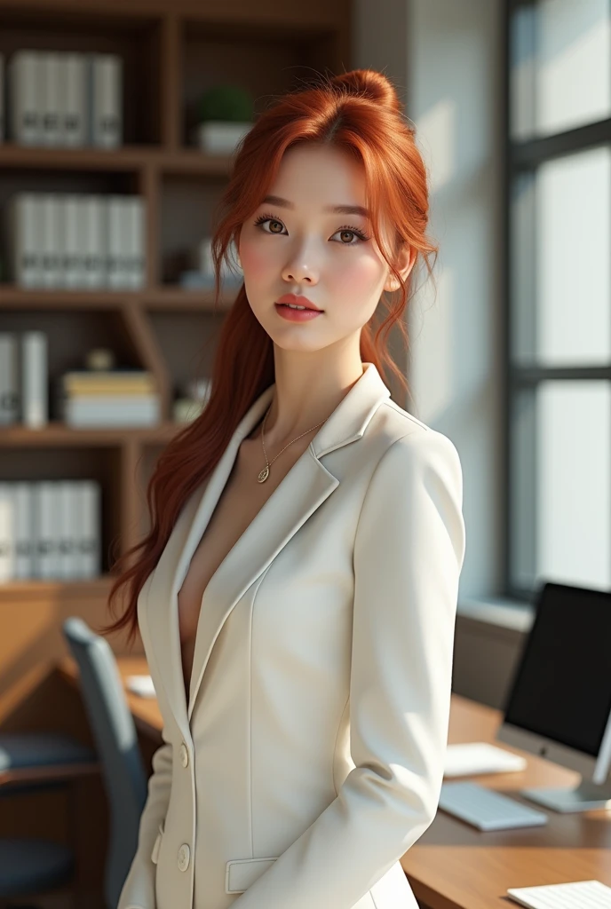 A young red-haired woman with long, vibrant hair, Pinned up in a sleek bun, is sitting in a modern, well-lit office. She wears a fitted white blazer., that highlights your silhouette in an elegant way. The expression on his face is soft and contemplative., with clear eyes that reflect the soft light of the environment. The surrounding scenery is a professional office, with bookshelves, documents, and a computer screen visible in the background, all blurred enough to keep the main focus on the woman. The lighting in the room is soft and natural, highlighting the details of her skin and the subtle shine of her delicate necklace. The image must capture the woman's body from the waist up, in a pose that exudes confidence and elegance, while the surrounding environment suggests a sophisticated and organized work scenario.