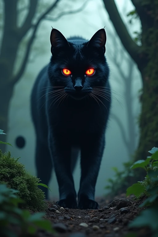 ((Highest quality)), ((masterpiece)), (detailed), In the overgrown forest,Giant black cat,Staring at me, it slowly approaches,Red glowing eyes,Front view,fear,mysterious,midnight