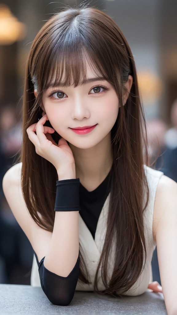 Tabletop, Highest quality, shape, Very detailed, finely, High resolution, 8k wallpaper, 完璧なダイナミックな構shape, Beautiful and detailed,ランダムなcute髪,,Natural color lip, Bold sexy pose,smile、20-year-old girl、cute、Looking into the camera,Always blur the background,Perfect and beautiful face,Slim face and figure,Big eyes、Putting on gal makeup,Small face,Shooting from below、smile,Blurred Background,Elegant feminine face、Cyberpunk Fashion、smile、Cosplayers