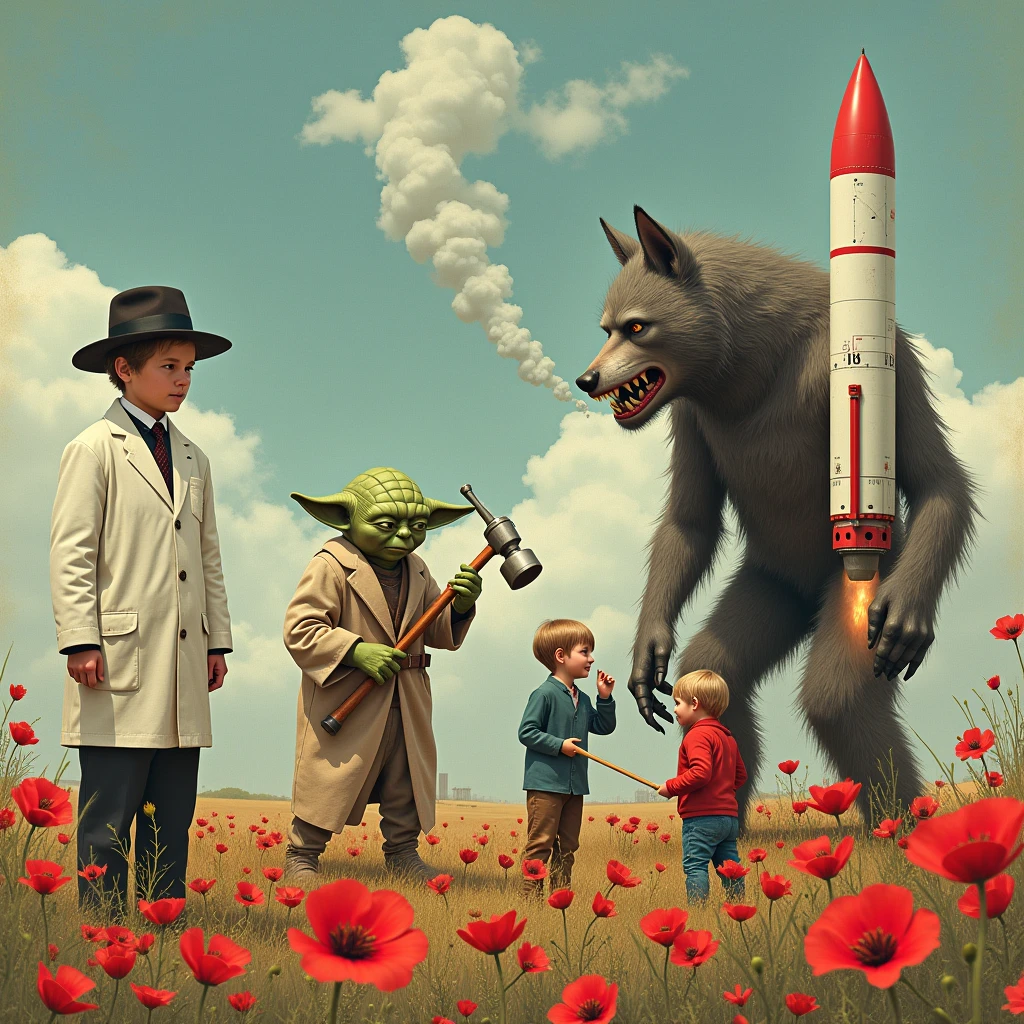 Вариант 2 (более лаконичный):
"Surreal juxtaposition: engineer in a lab coat and black hat, robot boy with a hammer, werewolf sniffing smoke, Yoda mowing poppies, Gagarin showing a rocket to children."
