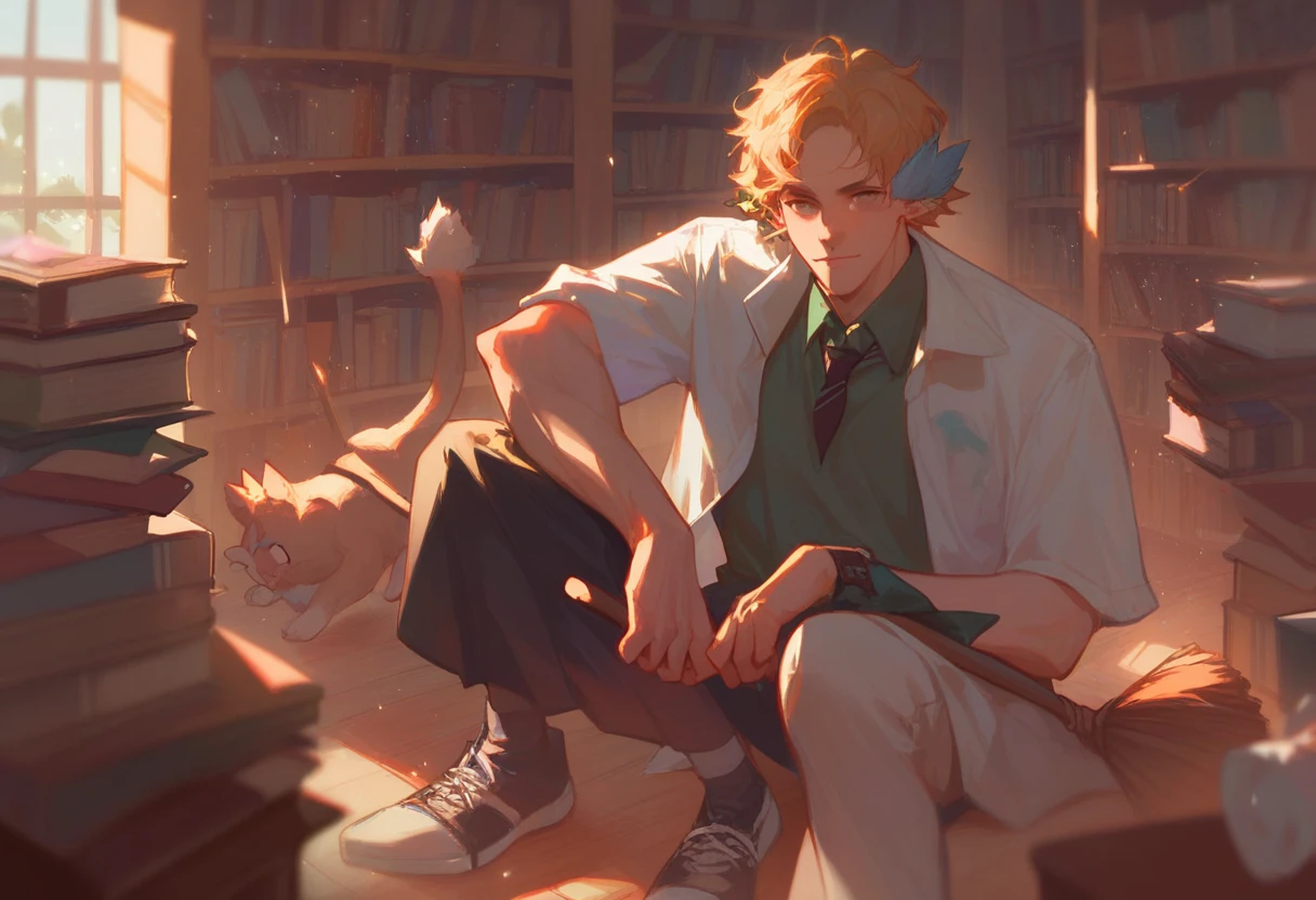harry potter AU, hufflepuffx slytherin oufit, hard pose, library, 2 boys, light, cute face , broom, anime style