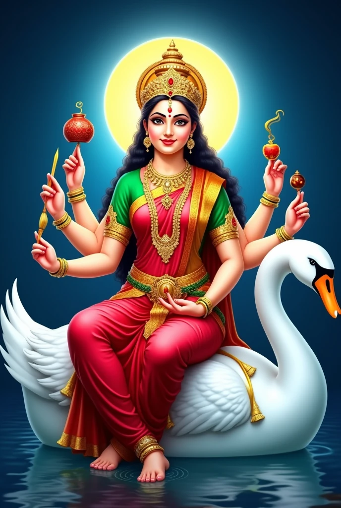 Vibrant, traditional Hindu artwork depicting a deity with multiple arms, seated on a white swan. The deity has a serene expression, with a fair complexion and adorned with elaborate jewelry and a golden crown. The deity is dressed in a red and green sari with intricate gold patterns. Each hand holds different symbolic items, including a book, a pot, and a rosary. A radiant halo surrounds the deity's head, and the background is a deep blue with a glowing aura. The swan is detailed with white feathers and a yellow beak, adding to the divine and majestic feel of the image.