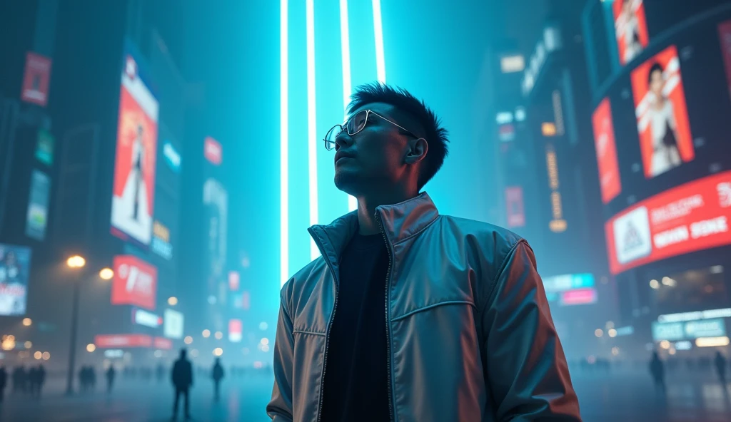 Realistic cinematic scene image of Asian man in silver Scifi jacket, wearing glasses, with some other people in the distance in a cool flying pose flying and looking up at the sky, a blue light beam from the sky in a dazzling streak of light from above to his face, cyberpunk city scene at night, LED billboards shining blue and purple light, hazy smoke, technological light rays surrounding the distance below