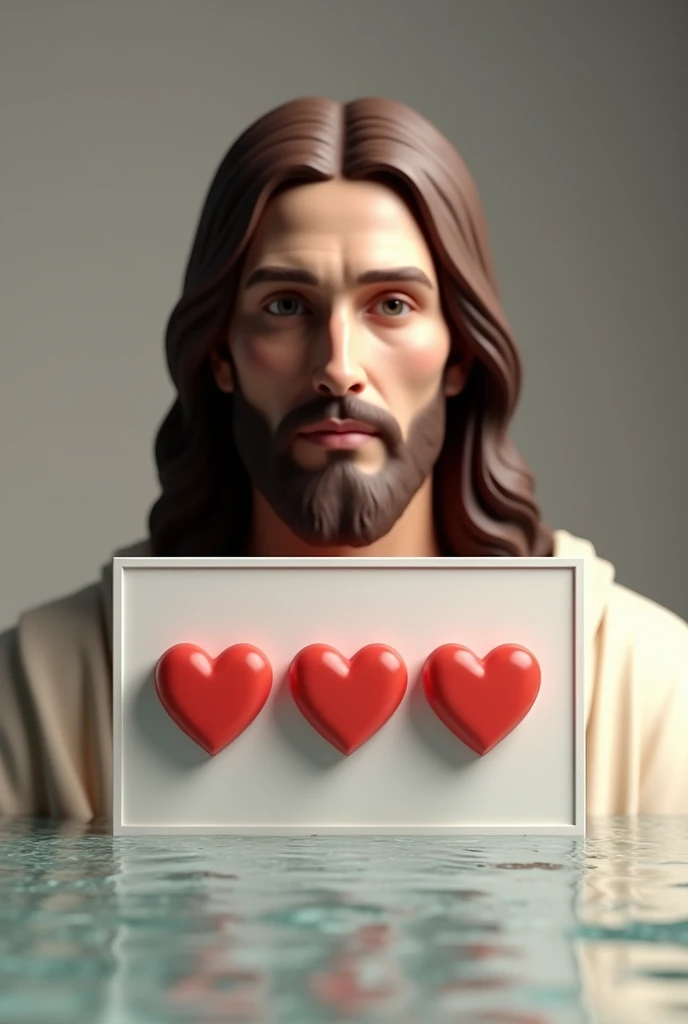 Create a hyper-realistic image where Jesus is looking straight ahead. In front of him, there's a 3D comment box containing three 3D heart symbols. Below the comment box, the text 'Thank You! Visit Again' is written in a style that looks like water. The scene should be rendered in ultra-high 36k resolution, with Jesus's face clear and facing forward, and the overall quality should be lifelike."