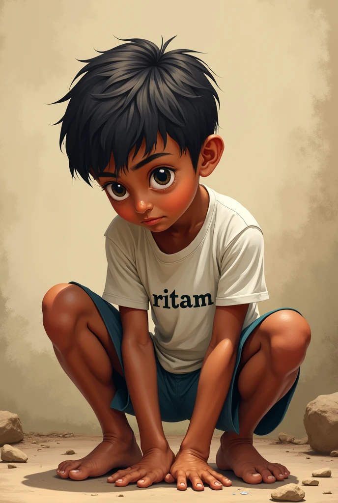 A boy doing poop in Indian style and in his tshirt " Ritam " is written .