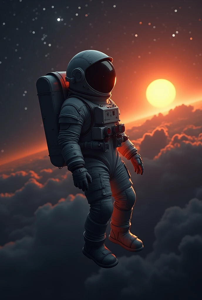 qualité\(8k,fond d&#39;écran d&#39;une unité CG extrêmement détaillée, chef d&#39;oeuvre,haute résolution,top-qualité,top-qualité real texture skin,hyper réaliste,Augmenter la résolution,Photos brutes,meilleure qualité,très détaillé,le fond d&#39;écran,Éclairage cinématographique,Trace de rayons,Nombre d&#39;or\), casser ,seulement,1astronaute portant une combinaison spatiale flottant sans but dans la galaxie\(sombre,Beau,Beau stars\) and behind him a Beau dazzling sun surely rising from behind 