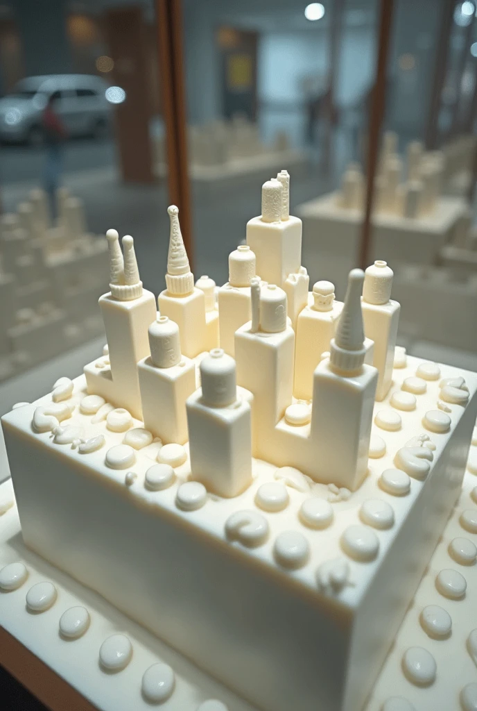 Lego bricks in a glass display case, the Lego bricks are covered with milk. realisti