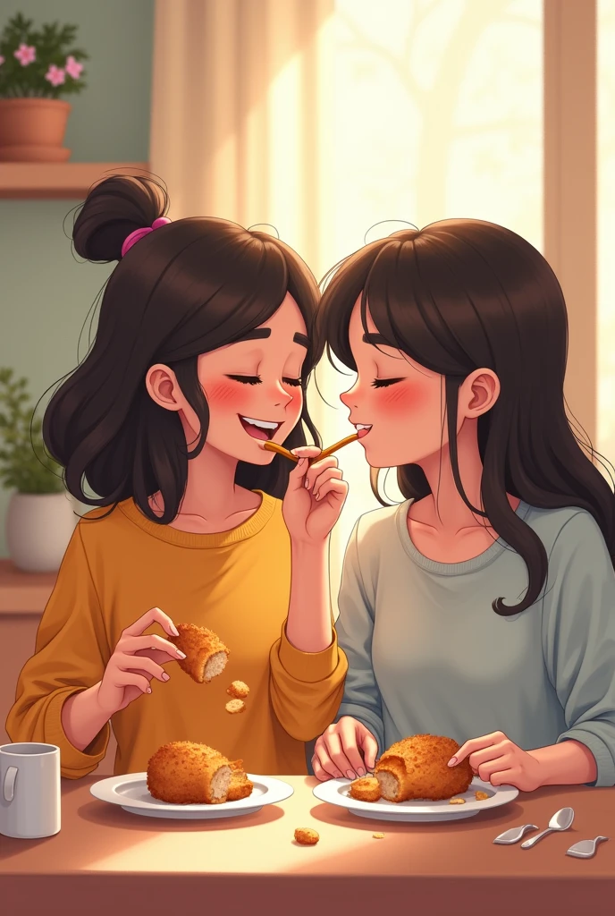 Two cute girlfriends eating cooked chicken pieces