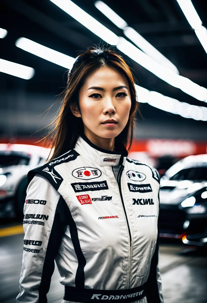 A Japanese race queen standing in the pit area, illuminated by bright, artificial lights that create a high-contrast, dynamic scene. The focus is on her determined expression and the sleek lines of the racing cars behind her. Use a shallow depth of field to emphasize her presence and the adrenaline-charged environment