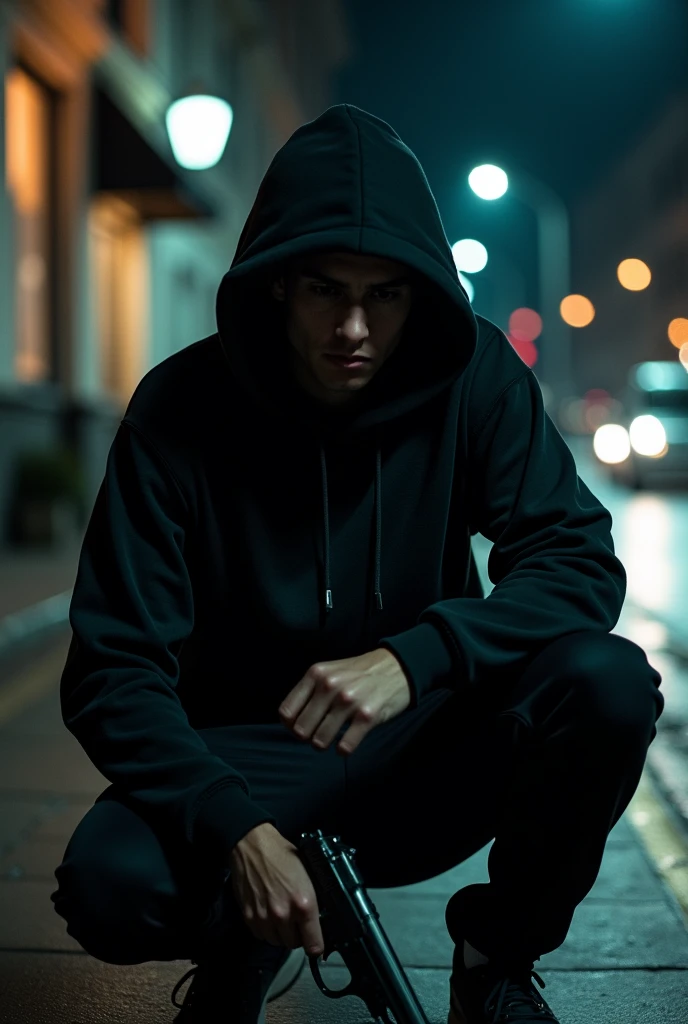 LET HIM BE IN A BLACK SWEET, LET HIM BE IN A BLACK TRACKSUIT, LET HIM HAVE A HOOD PULLED OVER HIS HEAD, LET HIM BE SITTING ON THE SIDEWALK, LET HIM BE HOLDING A REAL GUN IN HIS HAND AND LET IT BE NIGHT