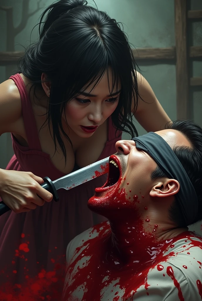 Japanese A beautiful Woman knife, cut throat A man neck bloody splash, blindfold, full body, wide o pen throat