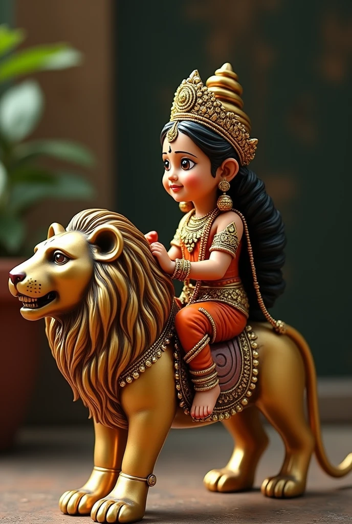 A cute indian lord little Durga in brass on the lion , Durga face lion left side , durga two legs one side