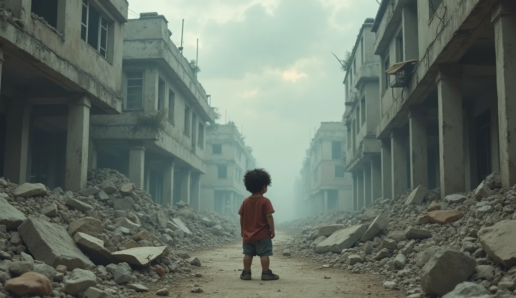 a picture of destruction and a child with a sad look