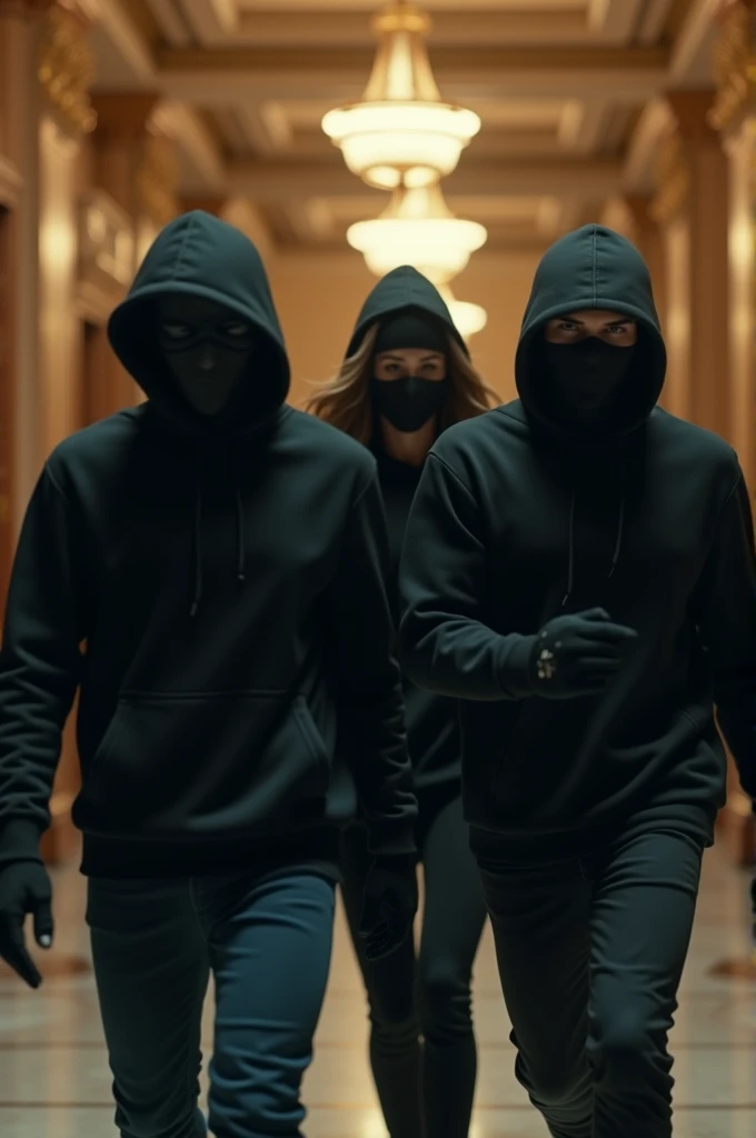 Generate cinematic realistic image The three masked robbers in black hoodi:2 boys Shaam and Rohit, 1 girl Mrs. Maya as they infiltrate the bank. Not saw the face only back side