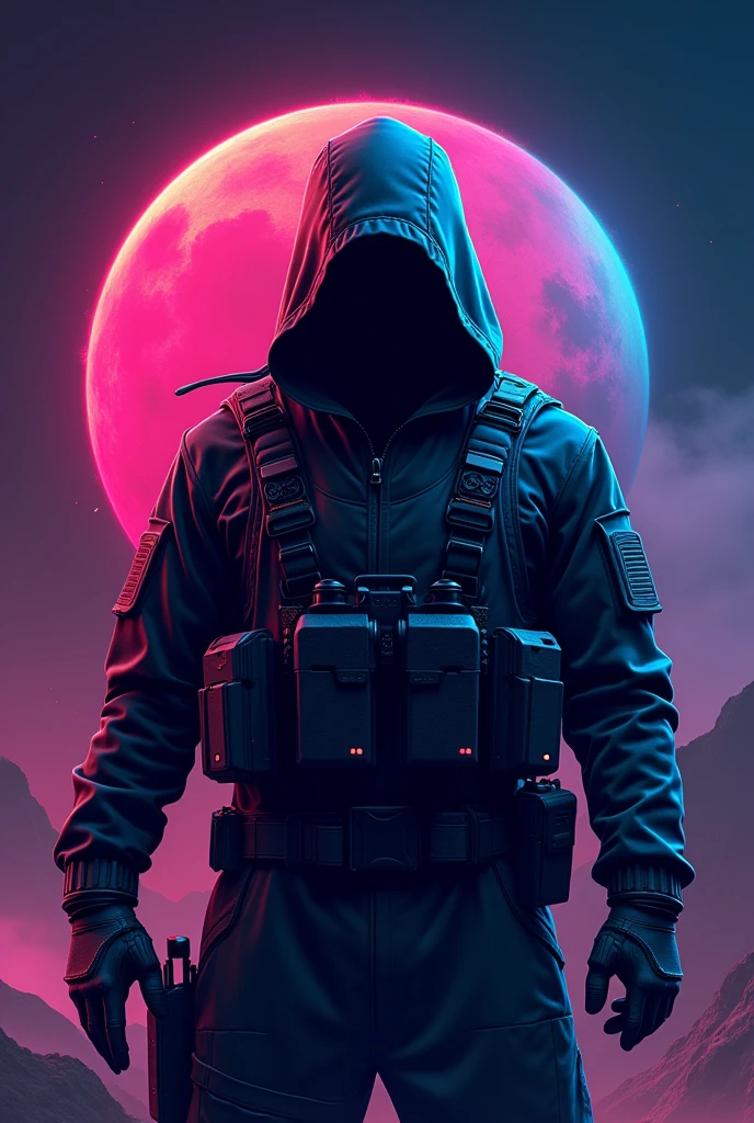 Logo for nerdy goods store, futuristic style with neon lights and colors, showing a planet containing a mysterious hooded military sniper character prominently holding 2 video game controllers as if they were weapons