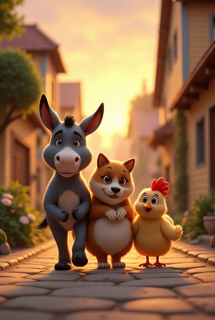 Donkey,dog,cat,hen hunging on each other and walking at dusk on a village street.