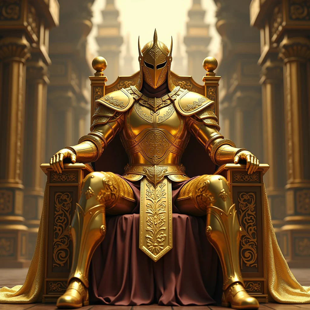 A slender 6 feet tall but fit man covered in golden armor from head to toe, his face covered with shining mask of the golden armor which reflects light not even his eyes were exposed, sitting on throne in his Citadel 