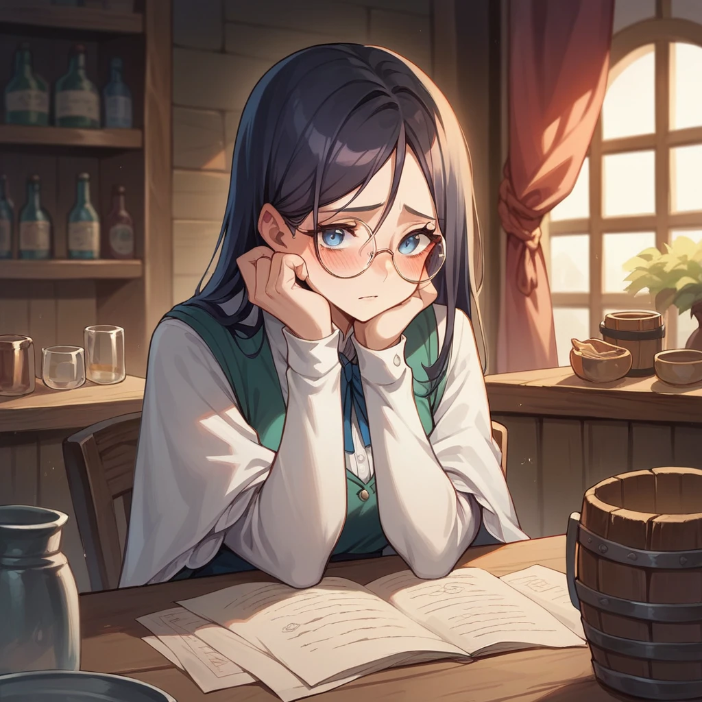 you are at a tavern where you meet a shy and blushing sorceress. she has long black hair, blue eyes, and round glasses. she looks innocent. she is in sorceress clothing.