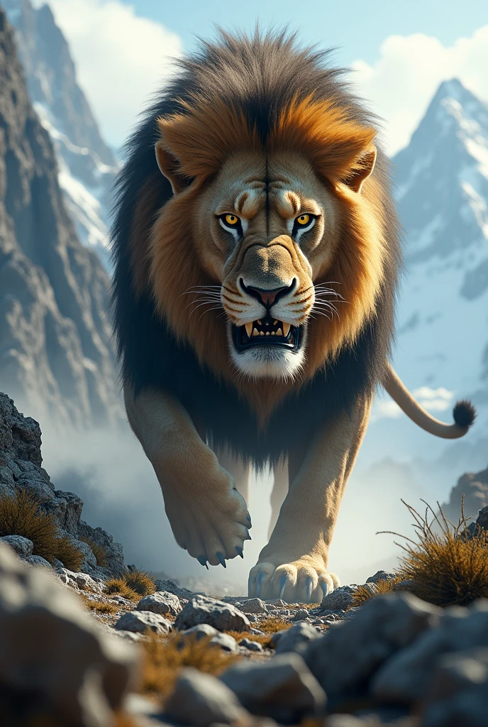 Big l angry lion in mountain