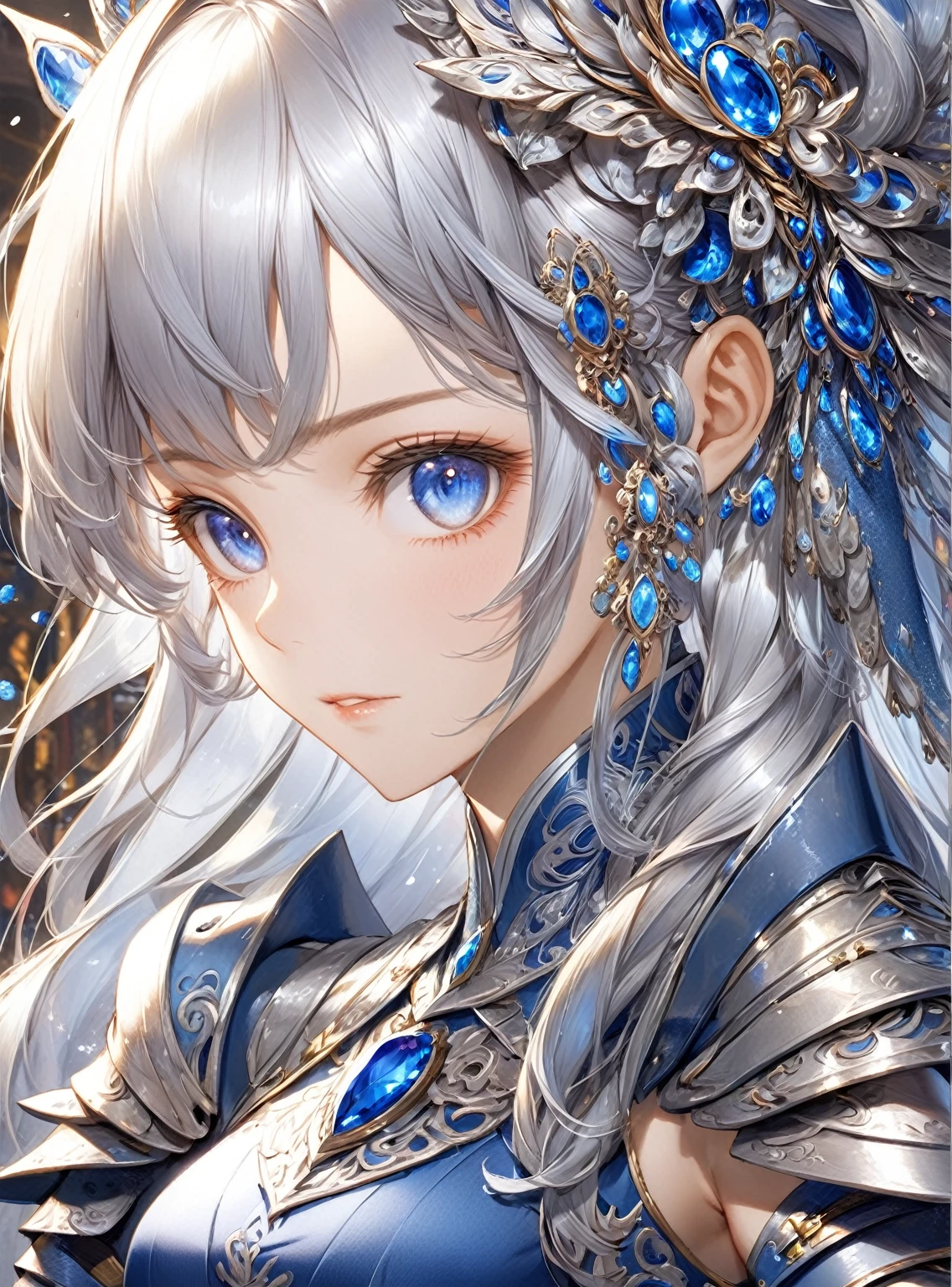 Close-up of woman in silver and blue dress, Chengwei Pan at Art Station, Jan J, Detailed fantasy art, Amazing character art, Fan Art Best Art Station, Magnificent and elaborate character art, Beautiful Armor, Highly detailed art gems, Detailed digital anime art, Art Station pixiv&#39;s artgerm, Girl in Armor